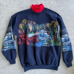 Vintage 90s fall tree leaves crewneck sweatshirt turtleneck fleece puff print